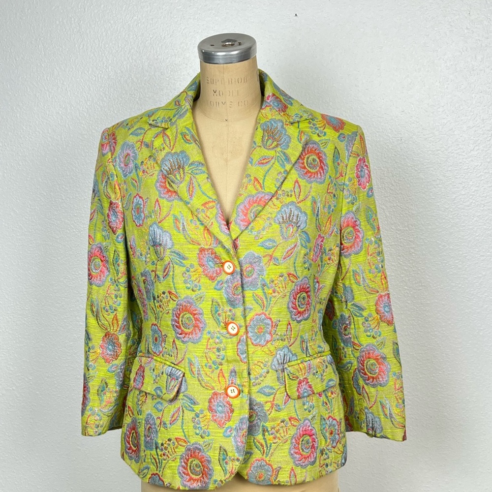 Vintage Tommy Hilfiger Lime Green and Floral Woven Cotton Blazer size 10 Y2K